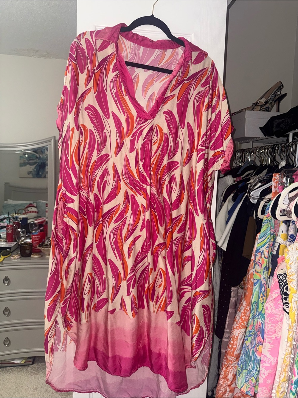 Pink & Cream Floral Print V-Neck Women's Dress/ Caftan